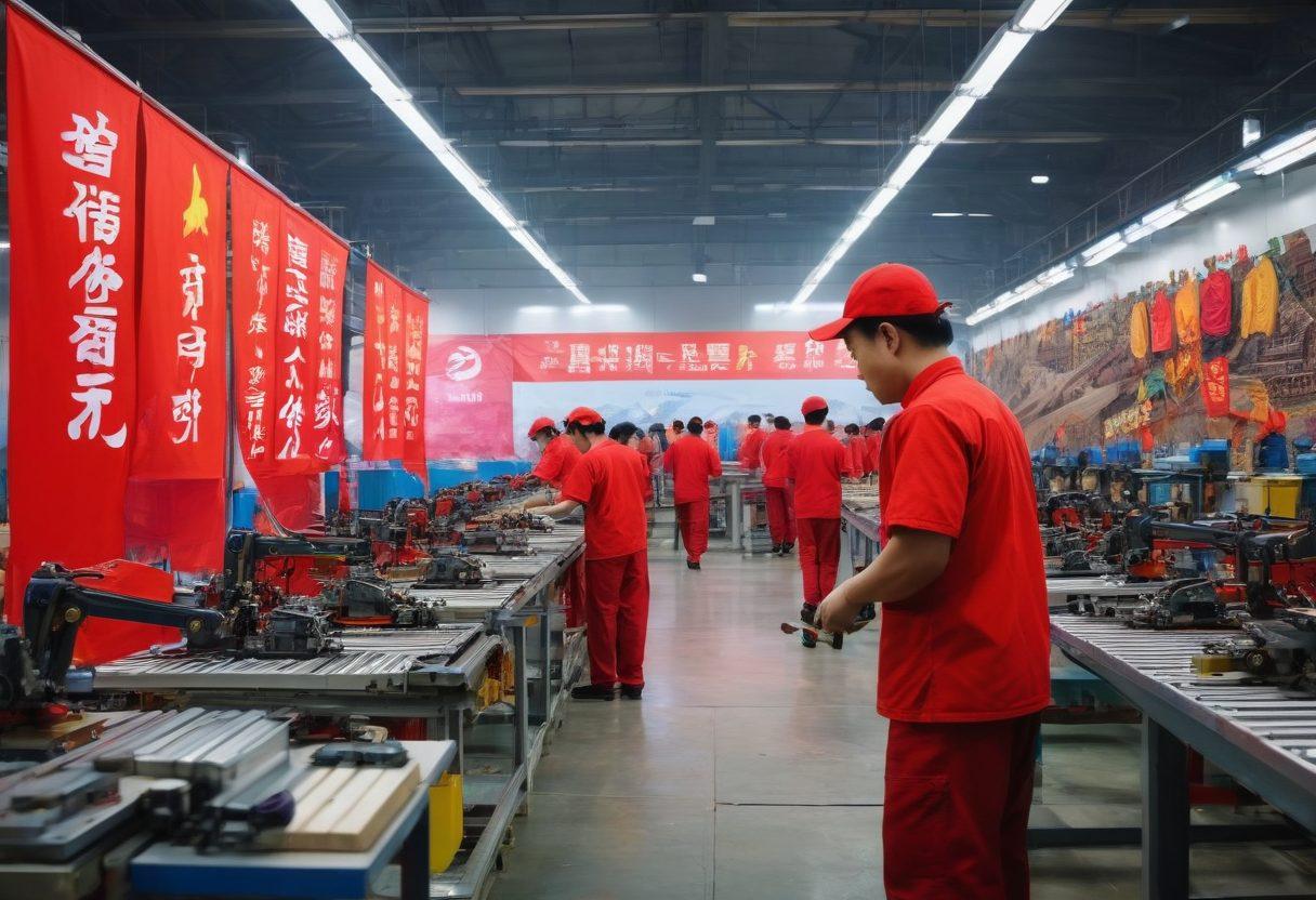 A bustling Chinese manufacturing facility, showcasing rows of skilled workers assembling high-quality products, with vibrant colorful banners highlighting 'Quality' and 'Innovation'. Include various tools and machines in action, along with products like electronics and textiles prominently displayed. The background features the Great Wall of China subtly, symbolizing strength and history in manufacturing. vibrant colors. super-realistic.