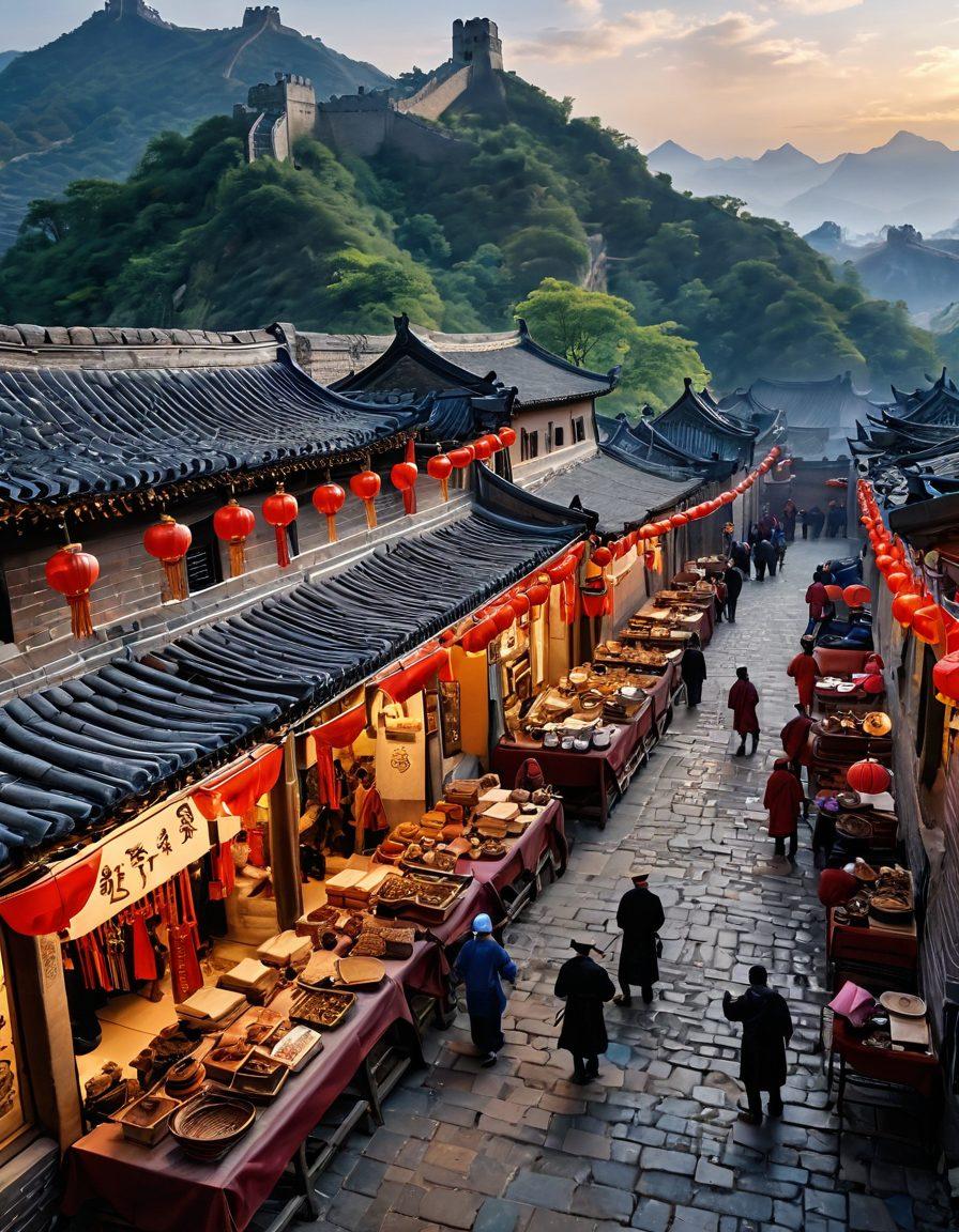 A bustling marketplace depicting Chinese manufacturers showcasing high-quality products, emphasizing craftsmanship and reliability. Include artisans working diligently with traditional tools and modern machinery side by side. Vibrant banners highlight 'Quality' in both English and Chinese characters. A backdrop of the Great Wall subtly hinted in the distance. Capture the warmth and authenticity of the environment. super-realistic. vibrant colors.